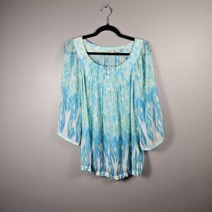Chico's Blue Green Sheer Blouse Gold Shimmer Womens Size M (2) Loose Fit